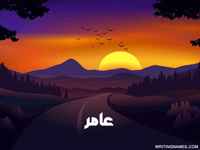إسم عامر مكتوب على صور غروب الشمس مزخرف بالعربي